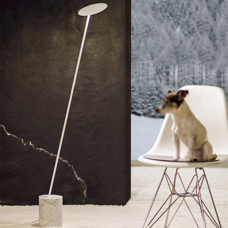 Black/White Circle Floor Lamp Minimalist Metal LED Standing Light with Stick Pole and Marble Base