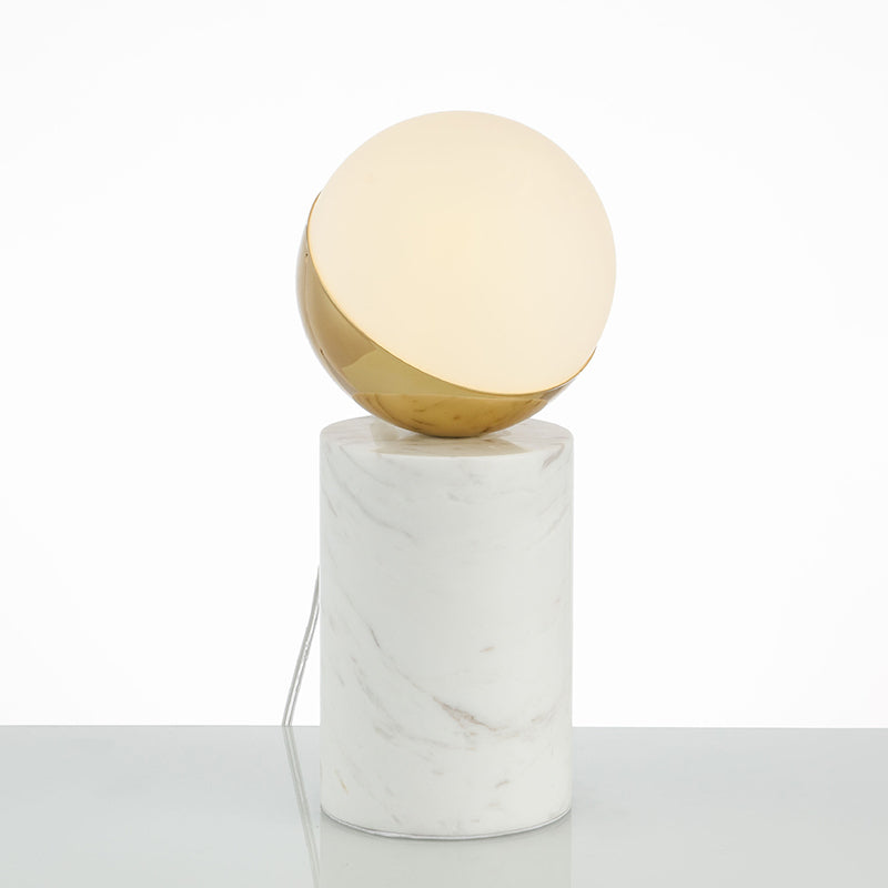 Minimalist Ball Nightstand Light Cream Glass Single Bedside Table Lamp with Marble Pillar in Brass and White