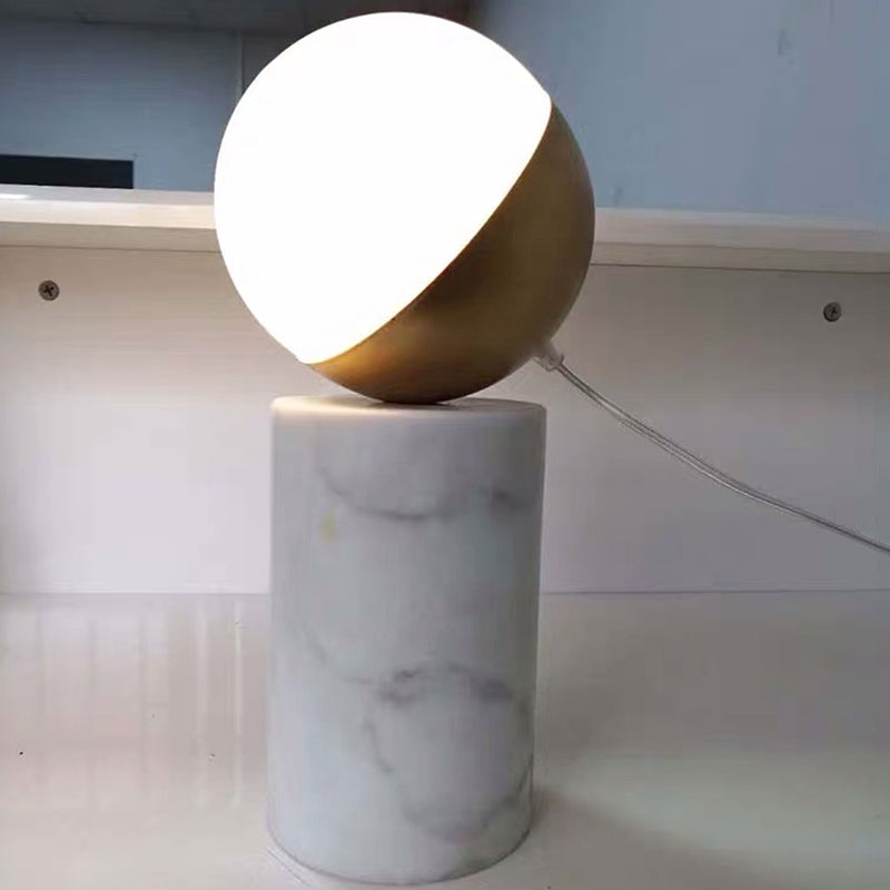 Minimalist Ball Nightstand Light Cream Glass Single Bedside Table Lamp with Marble Pillar in Brass and White