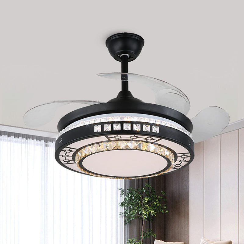 4 Blades Layered Bedroom Semi Flush Crystal 20" Wide LED Simplicity Hanging Fan Light Fixture in Black