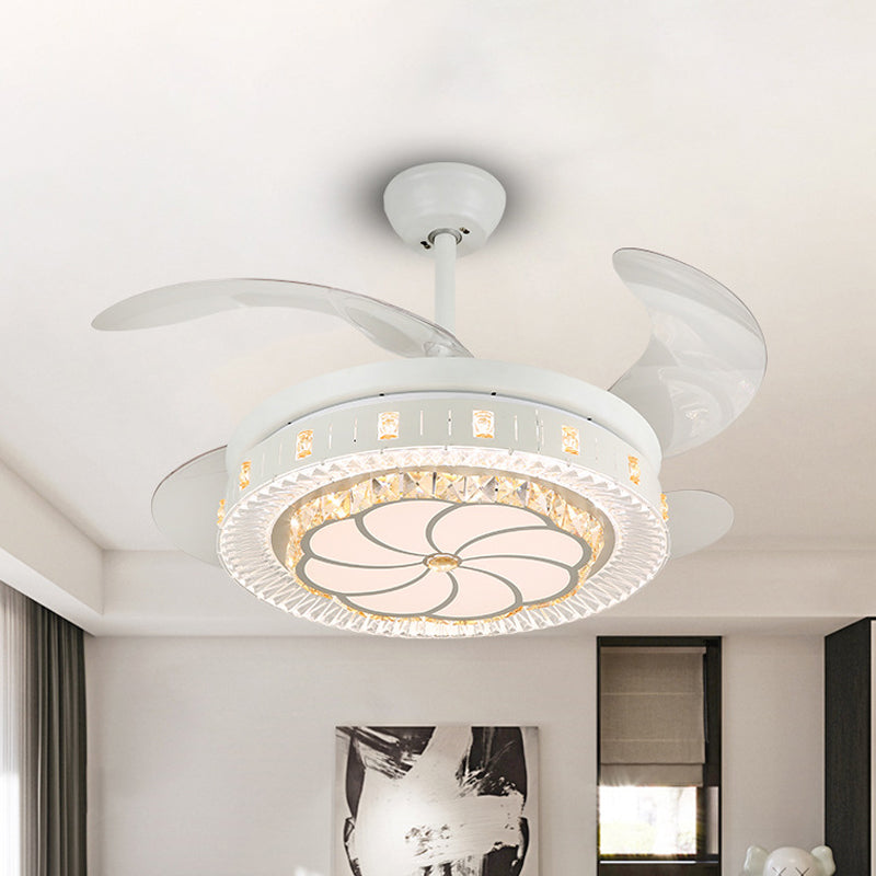 19" Wide White Layered Ceiling Fan Light Modernist LED Crystal Semi Flush Mount, 4 Blades