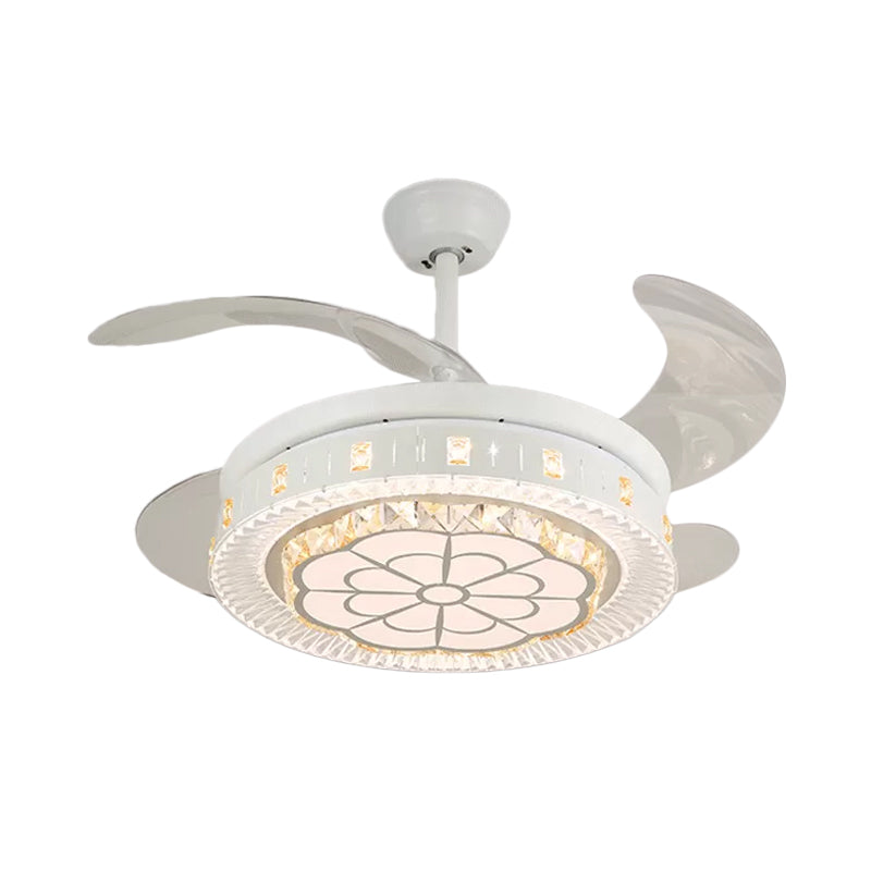 19" Wide White Layered Ceiling Fan Light Modernist LED Crystal Semi Flush Mount, 4 Blades