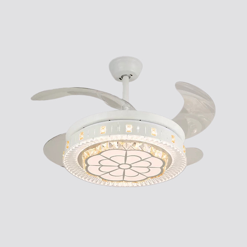 19" Wide White Layered Ceiling Fan Light Modernist LED Crystal Semi Flush Mount, 4 Blades