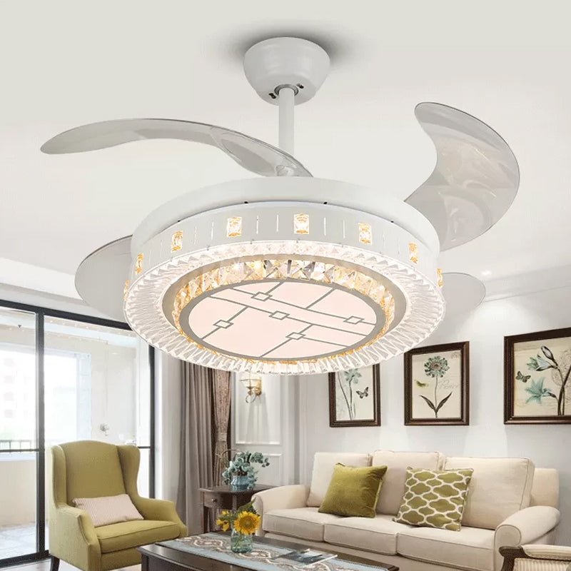 19" Wide White Layered Ceiling Fan Light Modernist LED Crystal Semi Flush Mount, 4 Blades