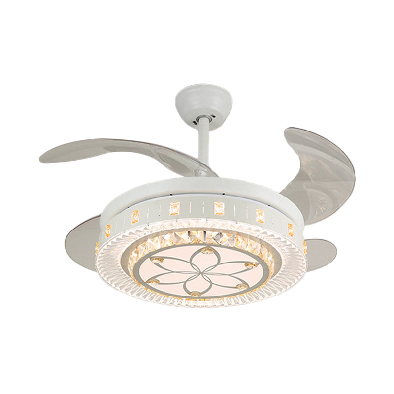 19" Wide White Layered Ceiling Fan Light Modernist LED Crystal Semi Flush Mount, 4 Blades