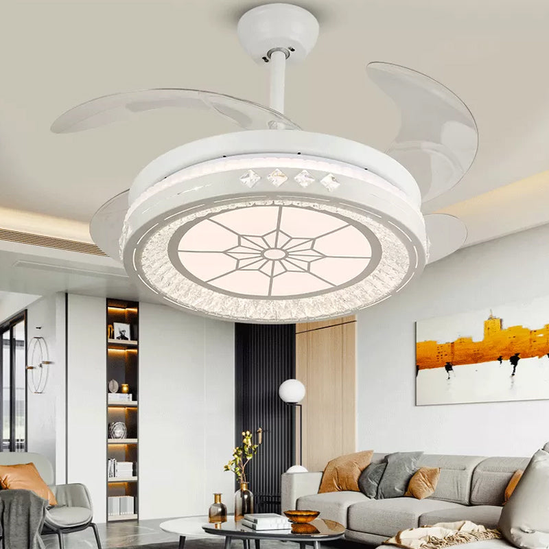 Simple 19" Wide LED Semi Flush Ceiling Light White Round Pendant Fan Lamp with Acrylic Shade, 4 Blades