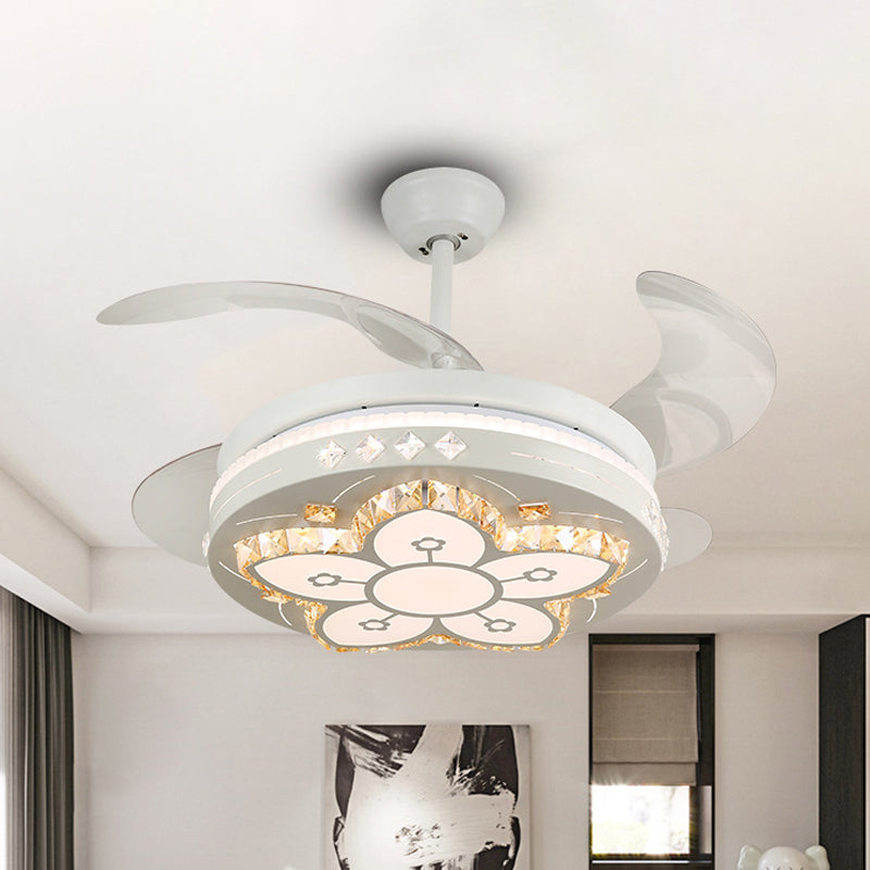 19" Wide Flower Pendant Fan Light Fixture Modern Living Room LED Semi Flush Mount Lighting in White with 4 Blades