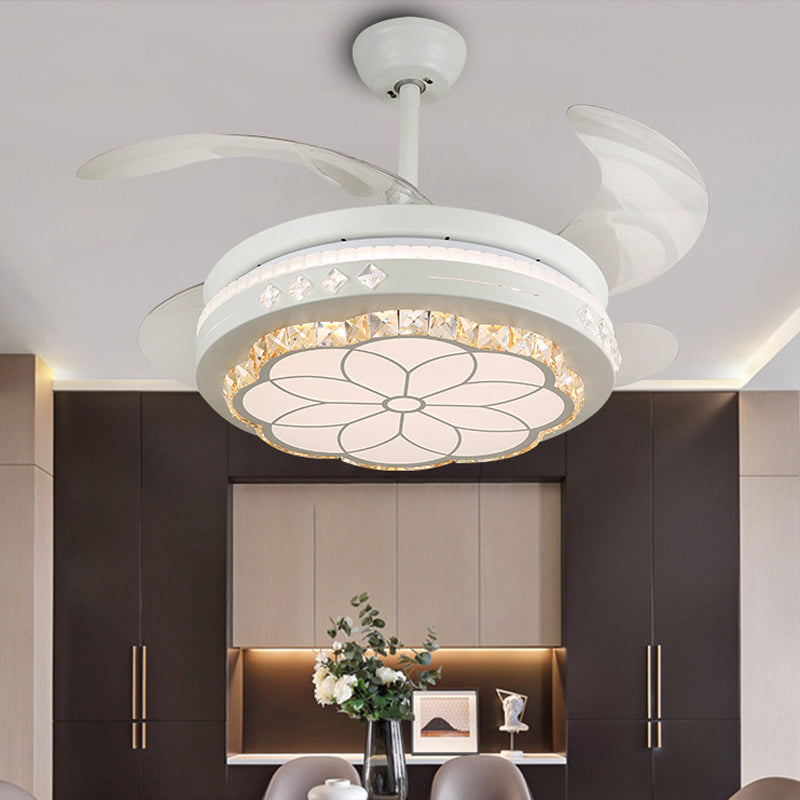 19" Wide Flower Pendant Fan Light Fixture Modern Living Room LED Semi Flush Mount Lighting in White with 4 Blades