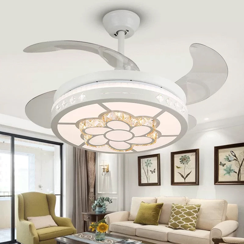 19" Wide Flower Pendant Fan Light Fixture Modern Living Room LED Semi Flush Mount Lighting in White with 4 Blades