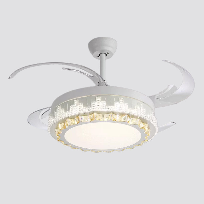 Nordic Round 4-Blade Semi Flush Light Fixture Crystal Living Room LED Hanging Fan Lamp in White, 19" Wide