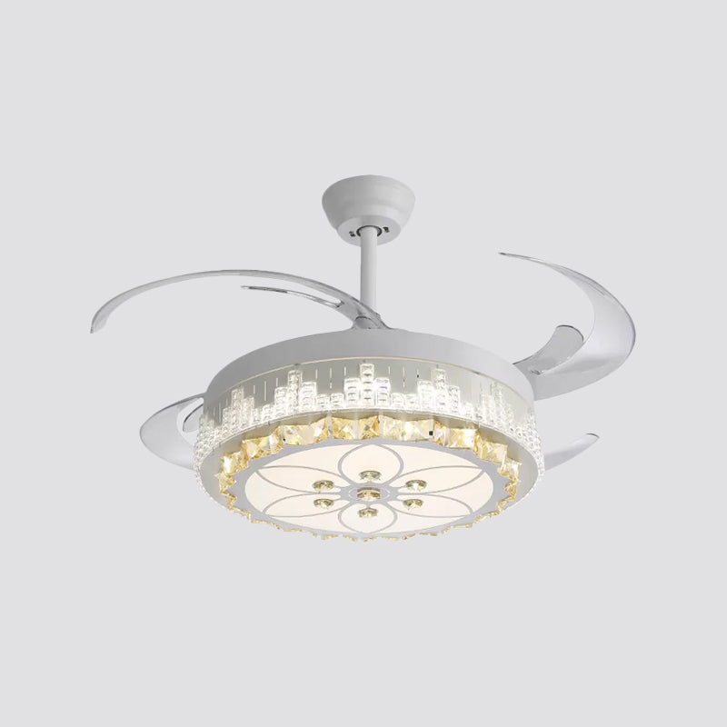 Nordic Round 4-Blade Semi Flush Light Fixture Crystal Living Room LED Hanging Fan Lamp in White, 19" Wide