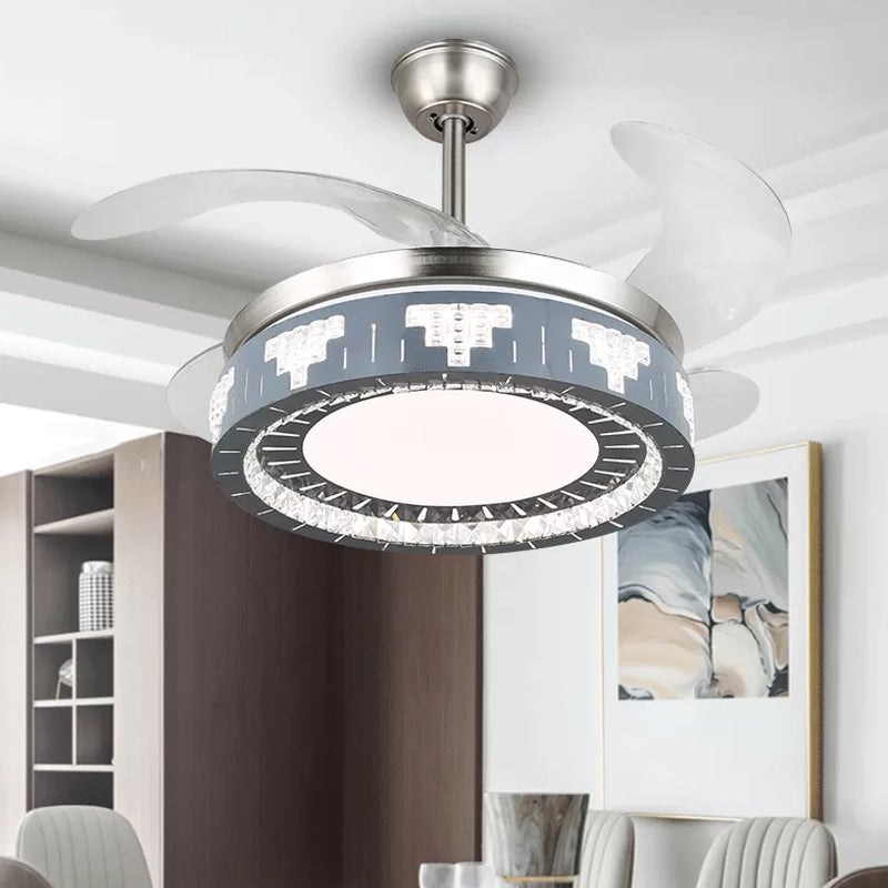 4-Blade Faceted Crystal Round Pendant Fan Light Modernity LED Silver Semi Mount Lighting, 19" Wide