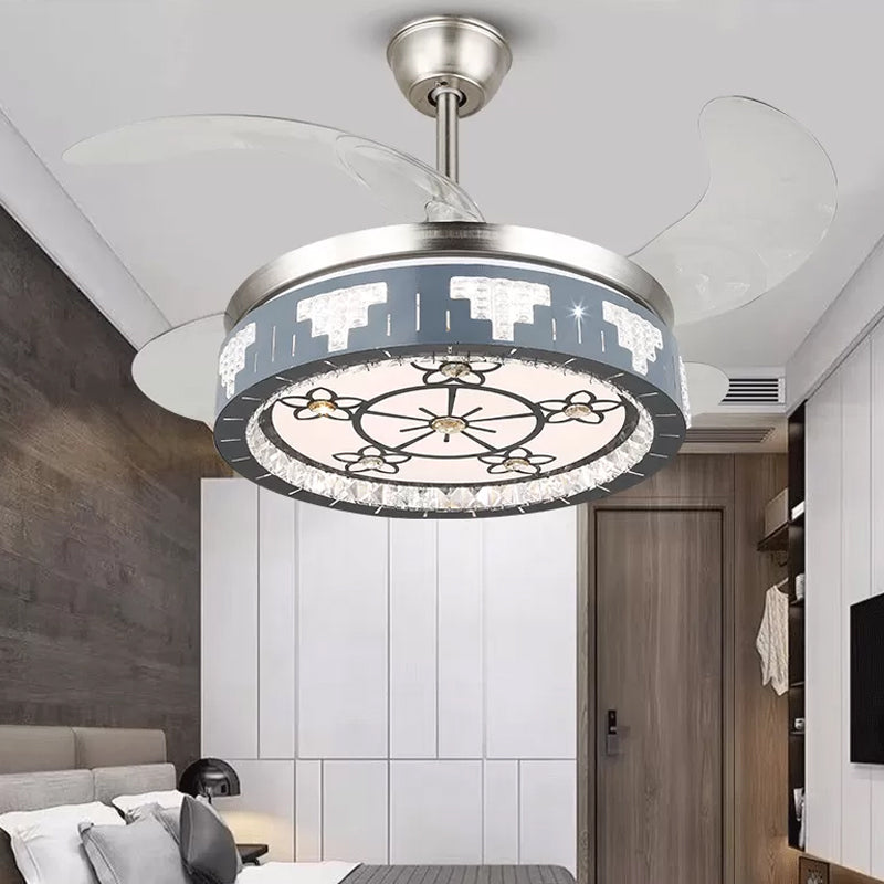 4-Blade Faceted Crystal Round Pendant Fan Light Modernity LED Silver Semi Mount Lighting, 19" Wide