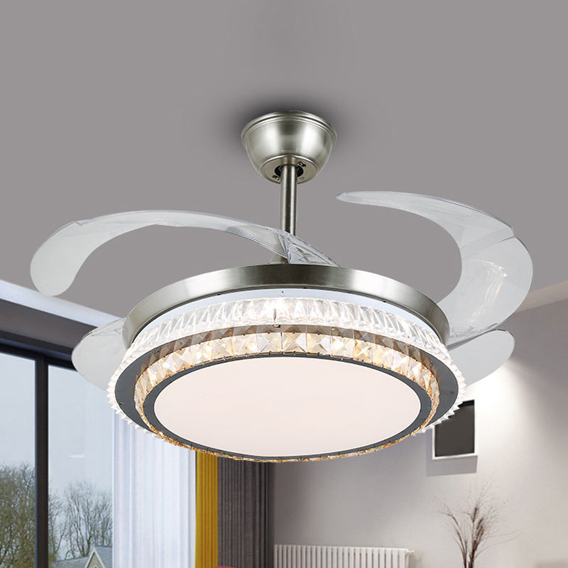 Silver Layered 4 Blades Semi-Flush Mount Modernism LED Crystal Pendant Fan Light Fixture, 19" Wide