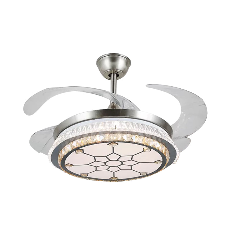 Silver Layered 4 Blades Semi-Flush Mount Modernism LED Crystal Pendant Fan Light Fixture, 19" Wide