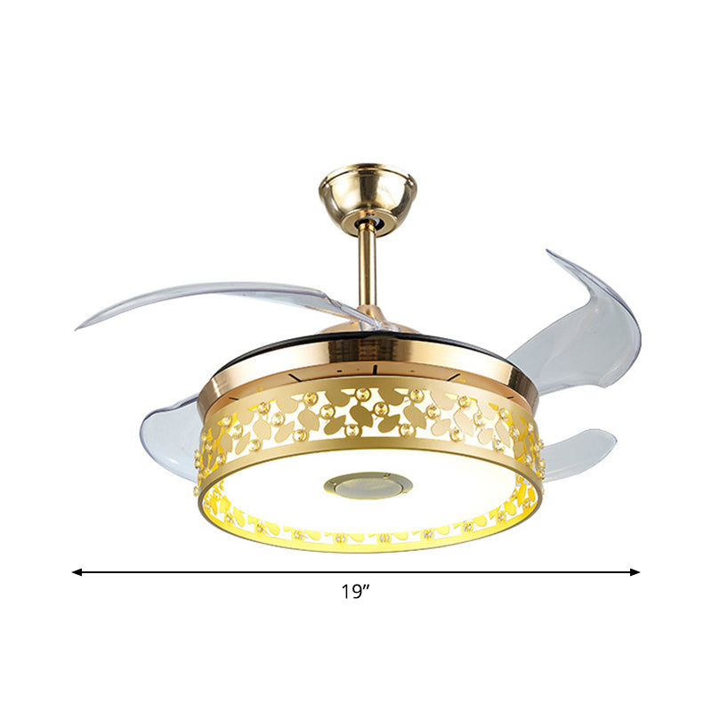 Hollow-out cirkelvormige hanger ventilator licht Noords metaal 19 "brede LED Gold semi-flush lamp armatuur, 4 messen