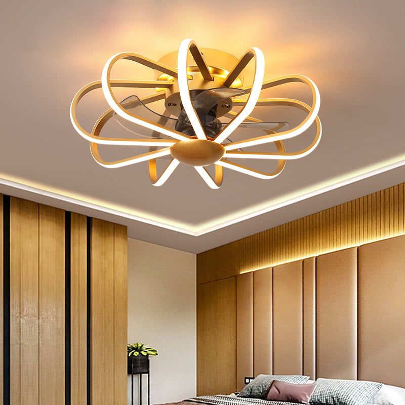 23.5" Wide Round Caged Bedroom Semi Flush Light Metal LED Modern Pendant Fan Lamp in Gold, 5 Blades