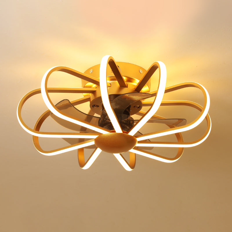 23.5" Wide Round Caged Bedroom Semi Flush Light Metal LED Modern Pendant Fan Lamp in Gold, 5 Blades