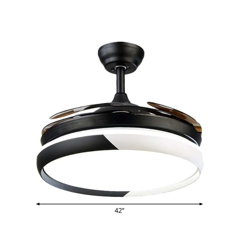 LED Acrylic Semi-Flush Ceiling Light Rustic Black Circle Living Room 5-Blade Pendant Fan Lamp, 52" Wide