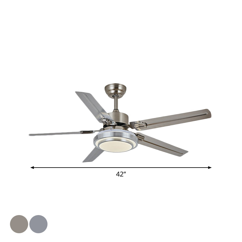 5-Blade Nickel Round Semi Mount Lighting Classic Metal LED Bedroom Hanging Fan Lamp Fixture, 42" Wide