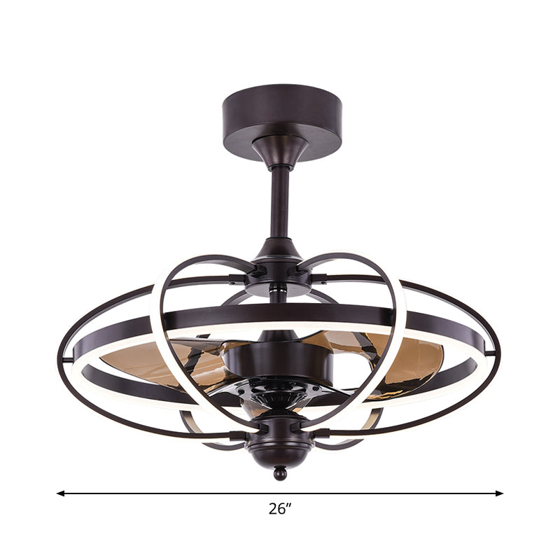 3-Blade Metal Geometry Semi Flush Mount Modernism 26" Wide LED Brown Ceiling Fan Light Fixture