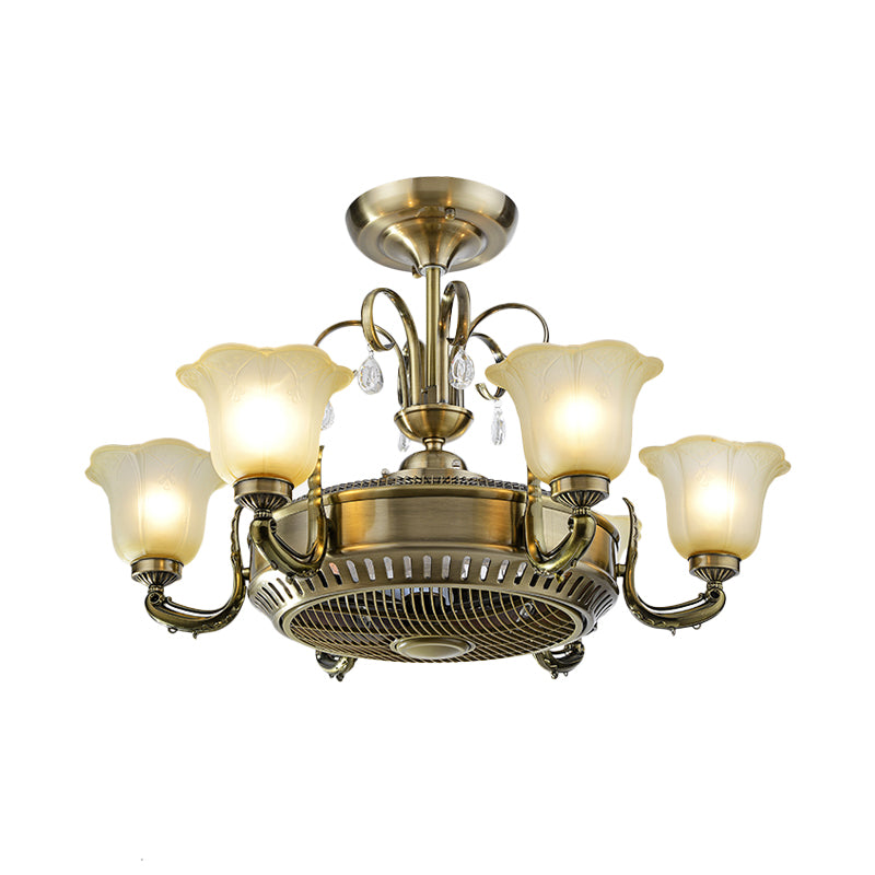 34" Wide Vintage Floral Pendant Fan Lamp Frosted Glass 3-Blade Semi-Flush Ceiling Light in Light Gold