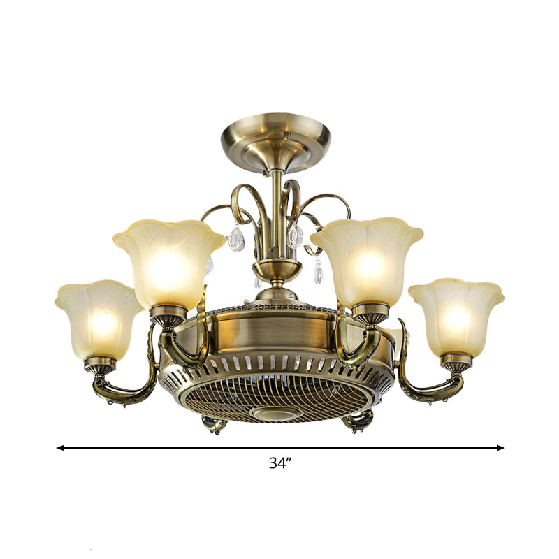 34" Wide Vintage Floral Pendant Fan Lamp Frosted Glass 3-Blade Semi-Flush Ceiling Light in Light Gold