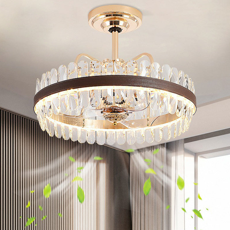 3-Blade Crystal Light Gold Pendant Fan Light Circle 31.5" Wide 8 Bulbs Traditional Semi-Flush Mount