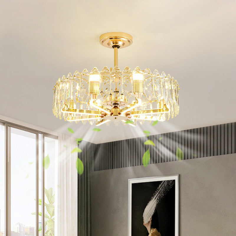 3-Blade Crystal Light Gold Pendant Fan Light Circle 31.5" Wide 8 Bulbs Traditional Semi-Flush Mount