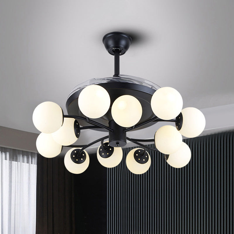 Black Globe Pendant Fan Lamp Contemporary 42" Wide 12 Lights Opal Glass Semi Flush Mount Light