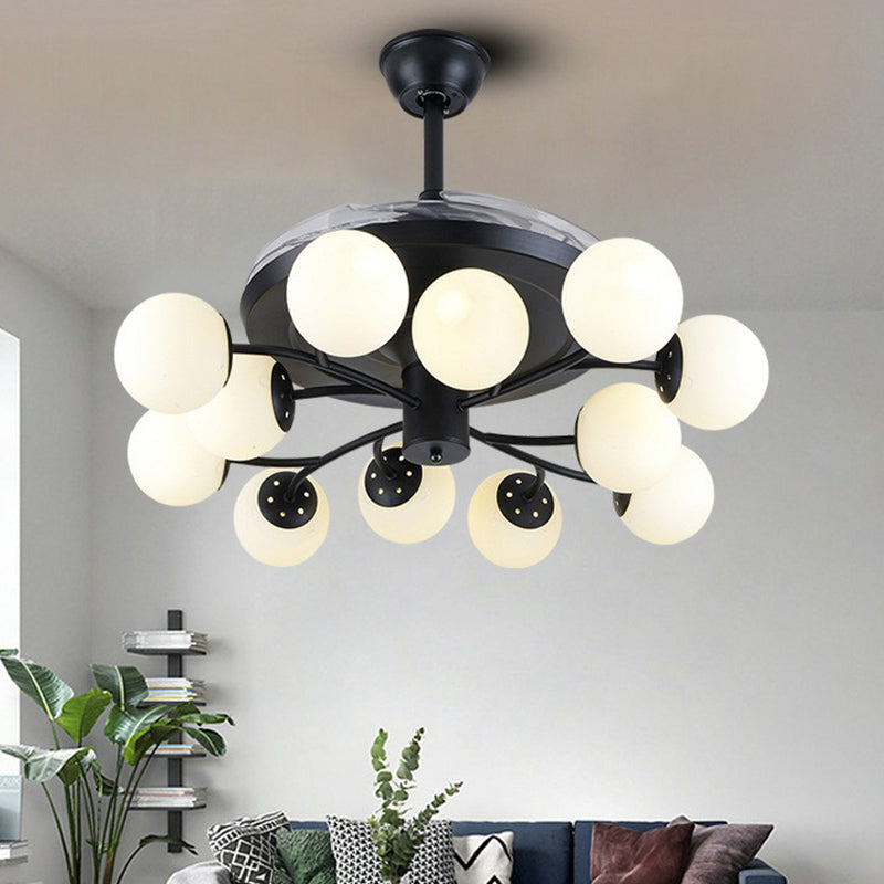 Black Globe Pendant Fan Lamp Contemporary 42" Wide 12 Lights Opal Glass Semi Flush Mount Light