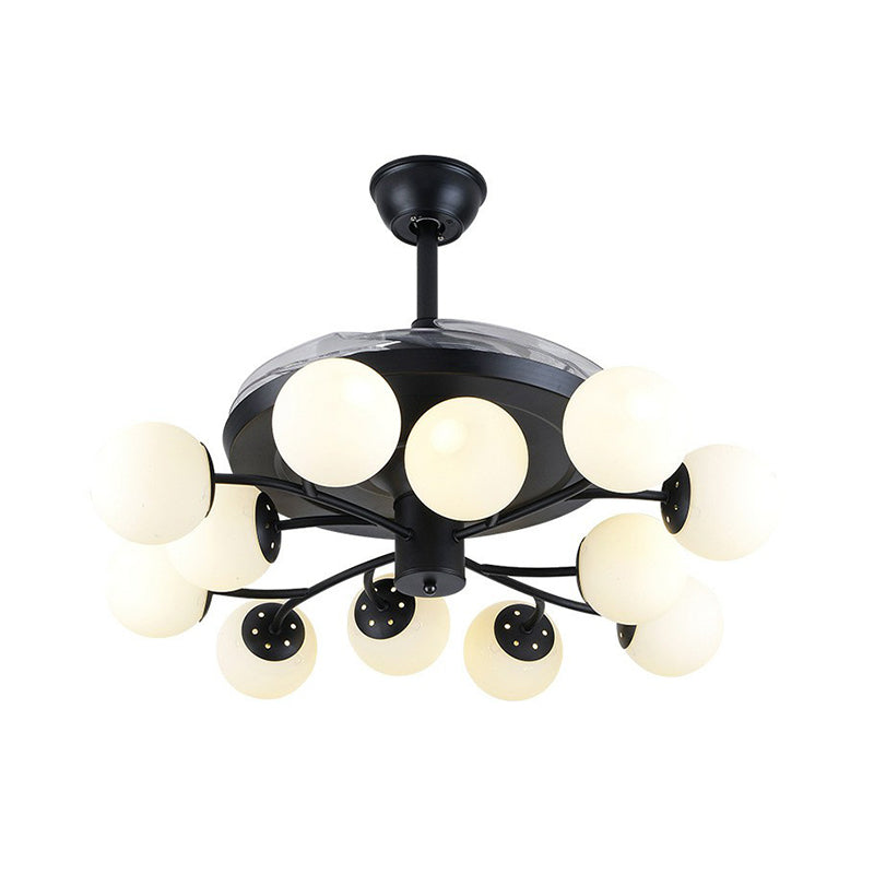 Black Globe Pendant Fan Lamp Contemporary 42" Wide 12 Lights Opal Glass Semi Flush Mount Light