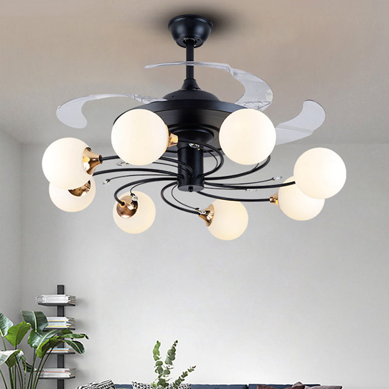 Global Semi Flush Minimalist White Glass 8 Lights Living Room Hanging Fan Light Fixture in Black, 42" Wide