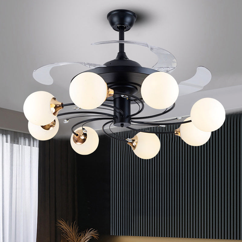 Global Semi Flush Minimalin White Glass 8 Lights Living Room Hanging Fan Lightture en noir, 42 "de large