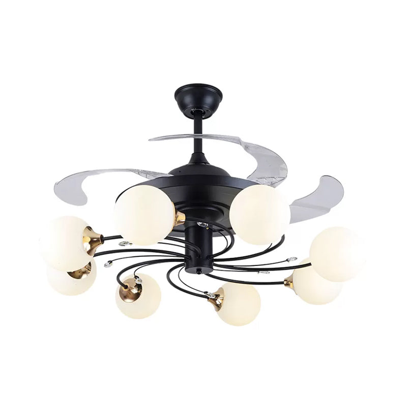 Global Semi Flush Minimalin White Glass 8 Lights Living Room Hanging Fan Lightture en noir, 42 "de large