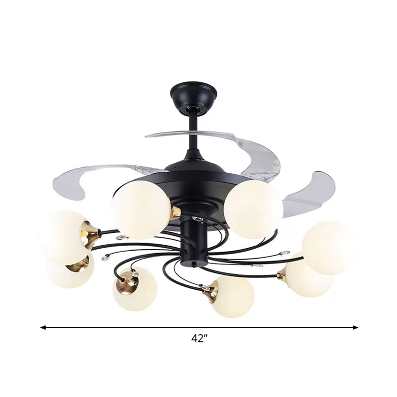 Global Semi Flush Minimalin White Glass 8 Lights Living Room Hanging Fan Lightture en noir, 42 "de large