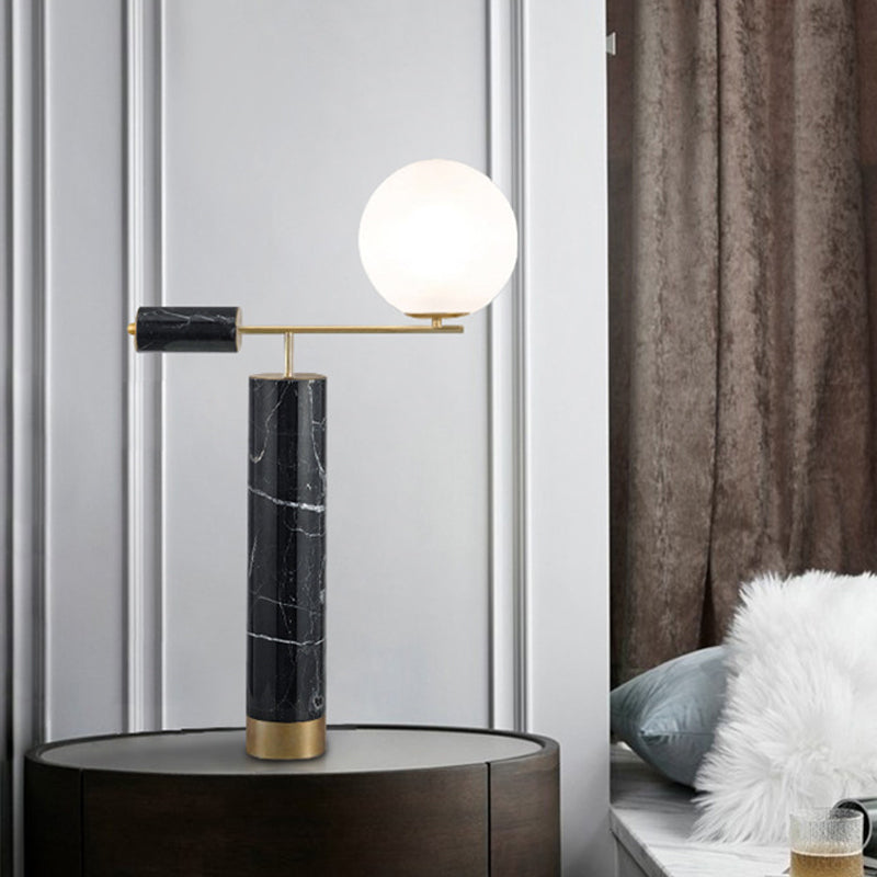 Mini Globe Opaline Glass Table Lamp Designer 1-Light Black Nightstand Light with Marble Column