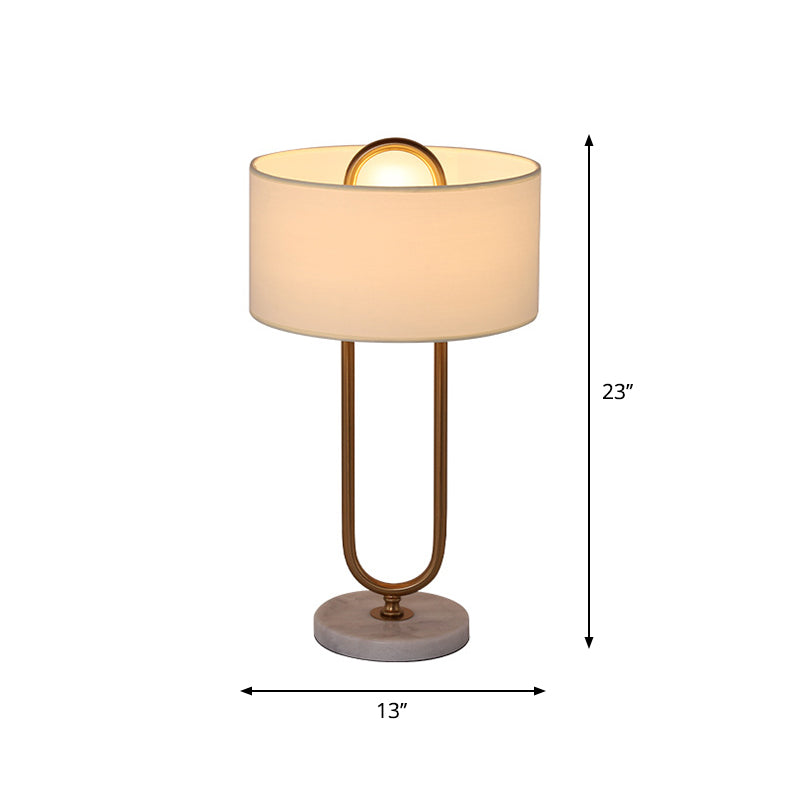 White Drum Night Table Light Minimalist 1 Bulb Fabric Nightstand Lamp with Brass Oval Stand