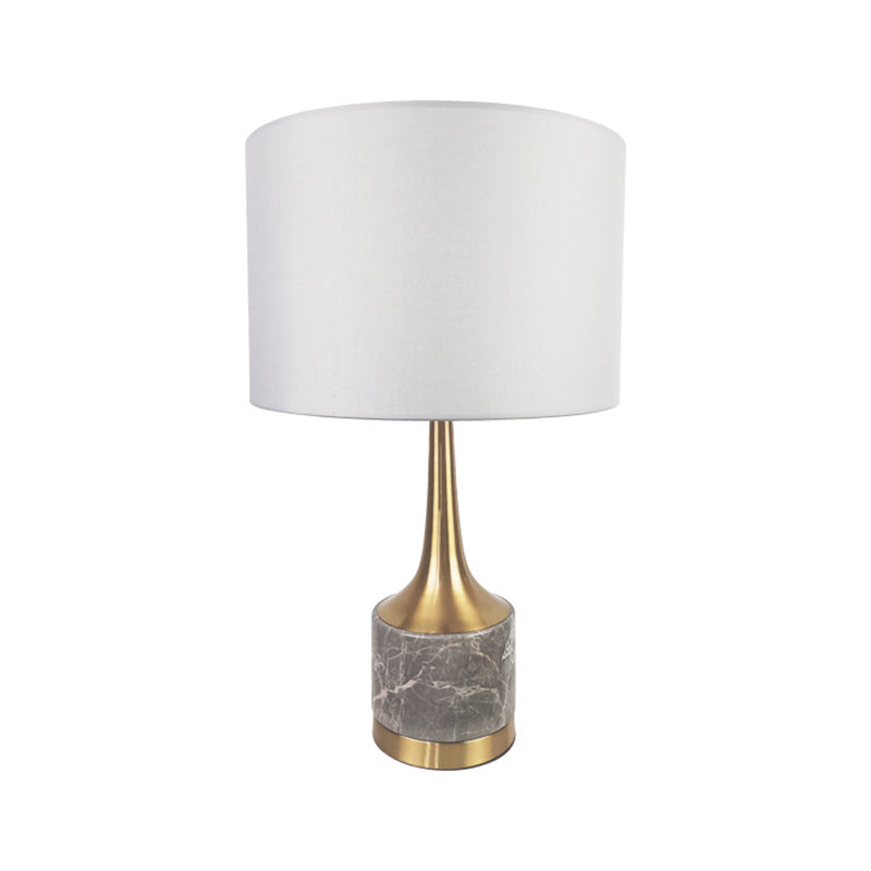 Antiqued Gold Flared Night Lamp Modern 1-Light Marble Table Light with Cylindrical Fabric Shade