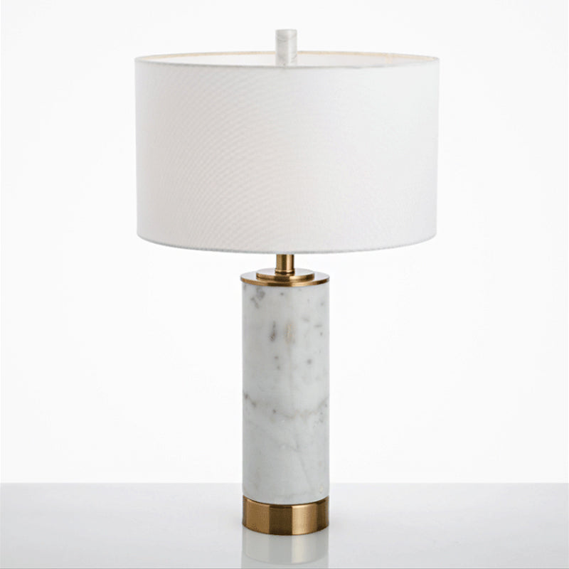 Drum Shade Nightstand Lamp Minimalist Fabric Single Bedroom Table Light with Marble Accent in White