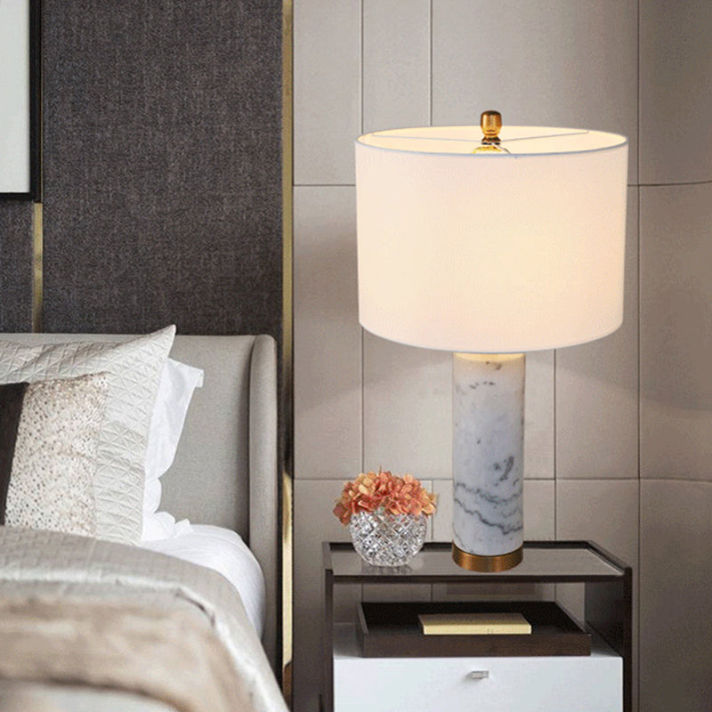 Cylinder Living Room Night Light Fabric 1 Light Minimalist Table Lamp with Marble Pillar in Black/White