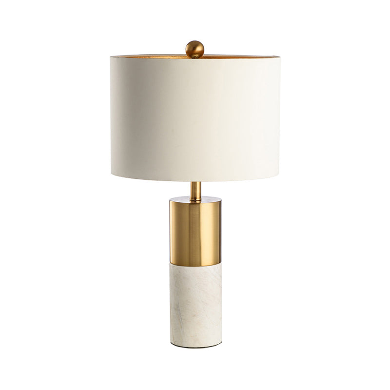 Cylindrical Table Light Minimalist Marble 1-Head Brass and Grey/White Night Lamp with Fabric Lampshade