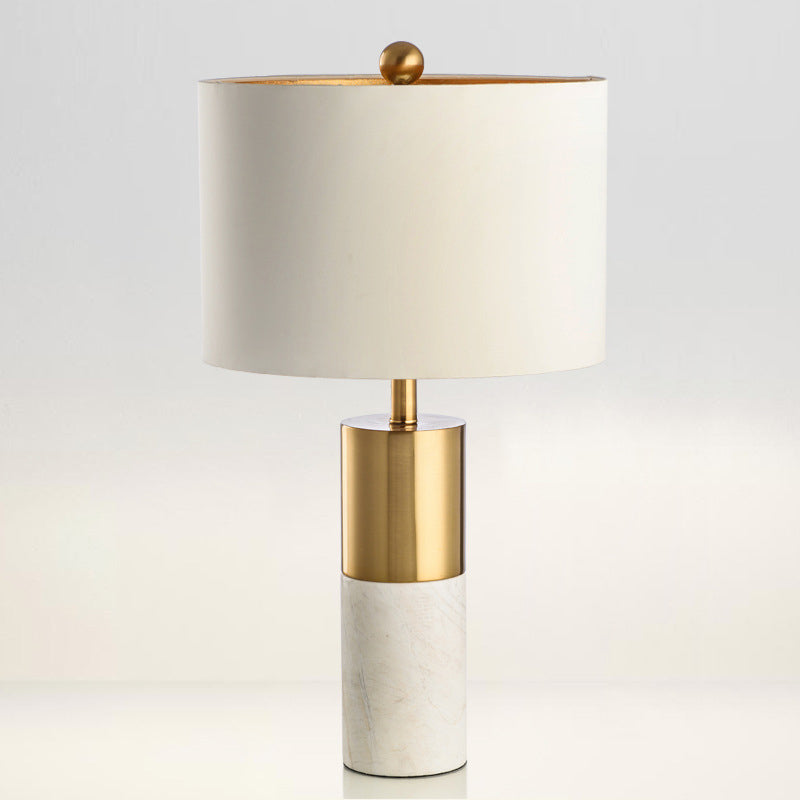 Cylindrical Table Light Minimalist Marble 1-Head Brass and Grey/White Night Lamp with Fabric Lampshade