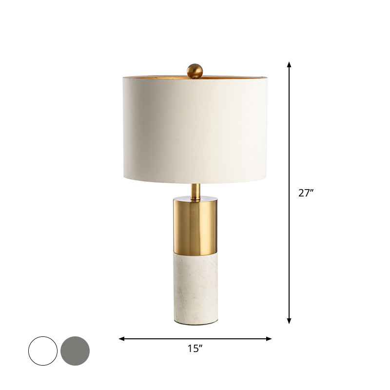 Cylindrical Table Light Minimalist Marble 1-Head Brass and Grey/White Night Lamp with Fabric Lampshade