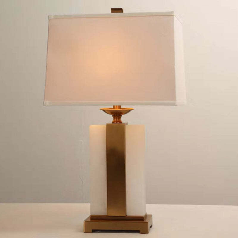 1 Bulb Living Room Night Light Minimalist White and Brass Table Lamp with Rectangle Fabric Shade