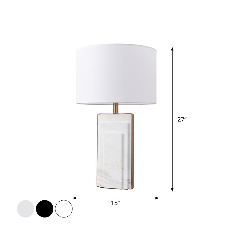 Minimalist Cylindrical Night Lamp Fabric Single Bedside Table Light with Marble Stand in Black/White/Ivory