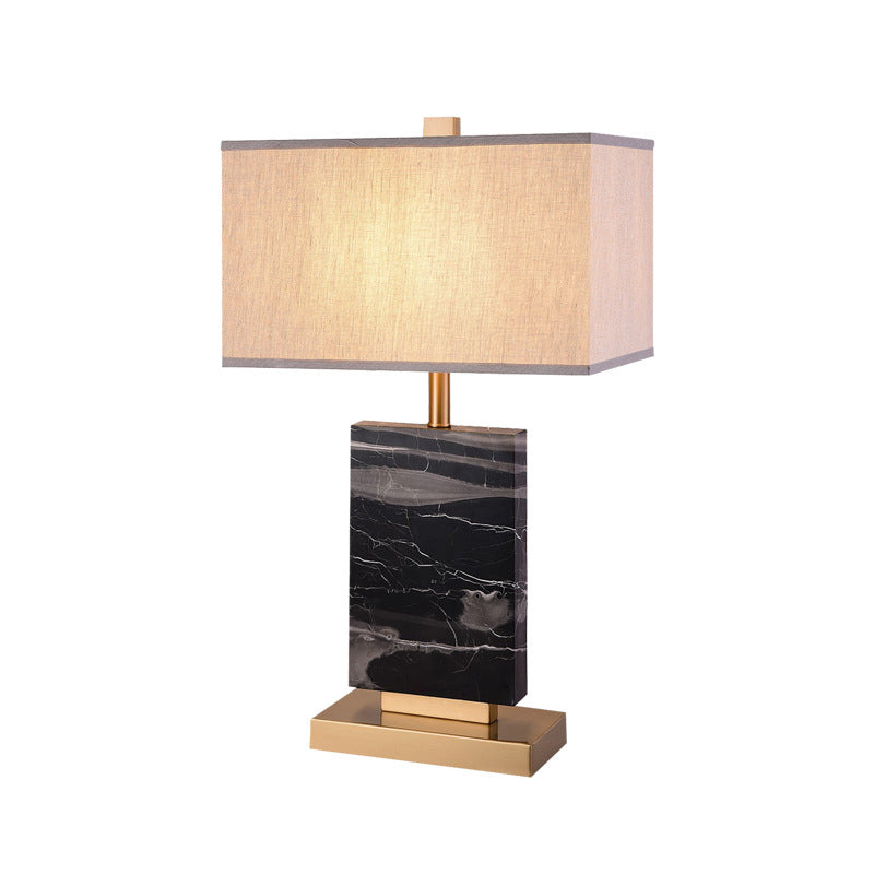 Black Rectangular Table Lighting Minimalist 1 Head Marble Nightstand Lamp with Fabric Shade