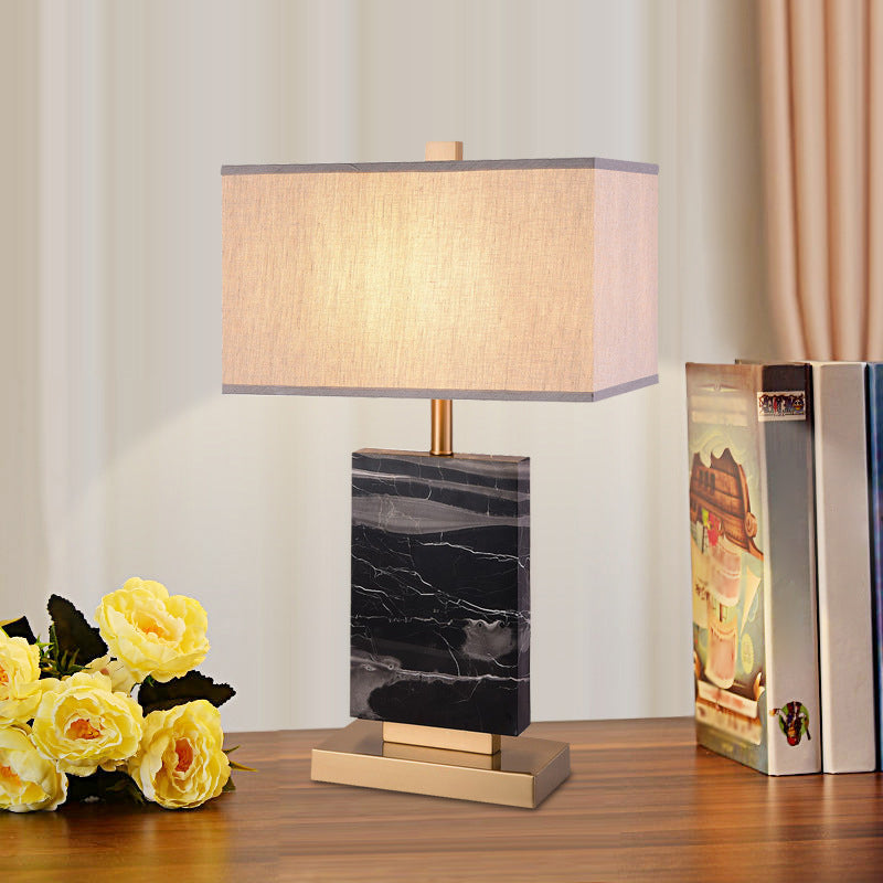 Black Rectangular Table Lighting Minimalist 1 Head Marble Nightstand Lamp with Fabric Shade