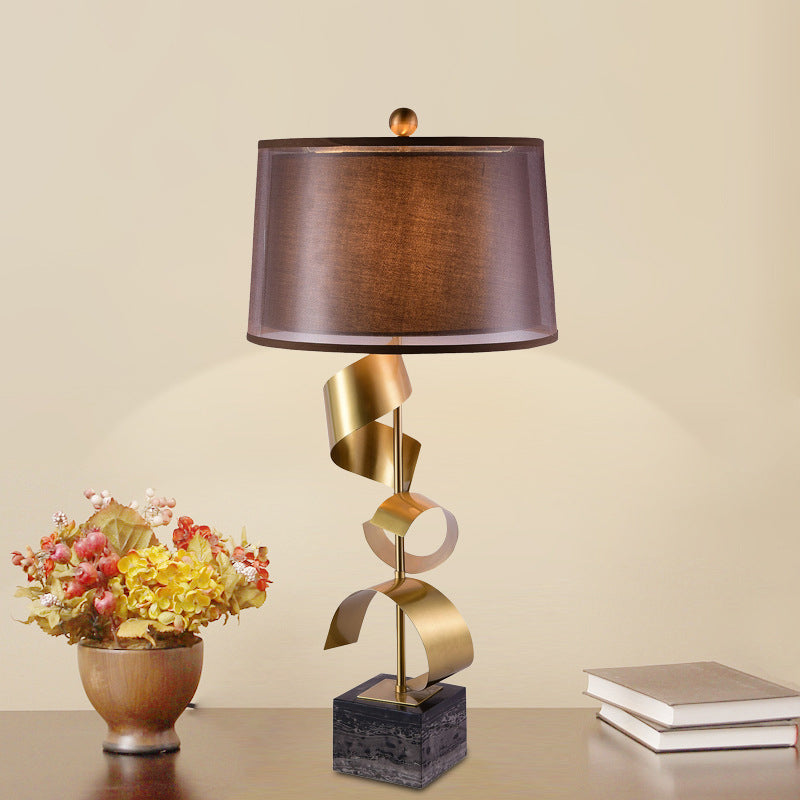 Fabric Drum Table Stand Lamp Modern 1 Head Brown Night Light with Gold Foil Decor