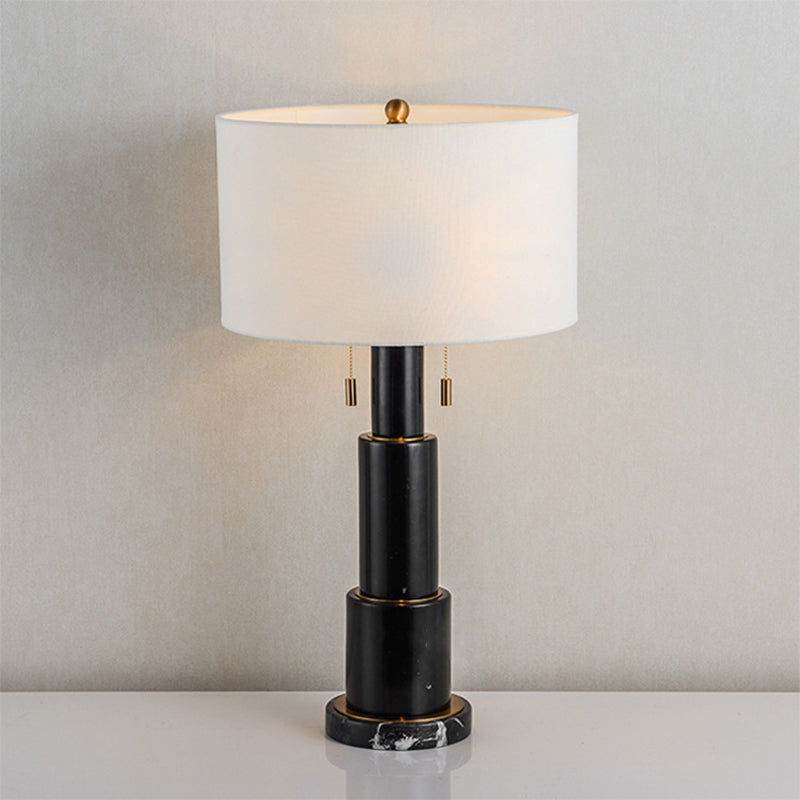 3-Tier Column Marble Night Lamp Minimalist 1 Bulb Black/White Pull-Chain Table Light with Drum Fabric Shade